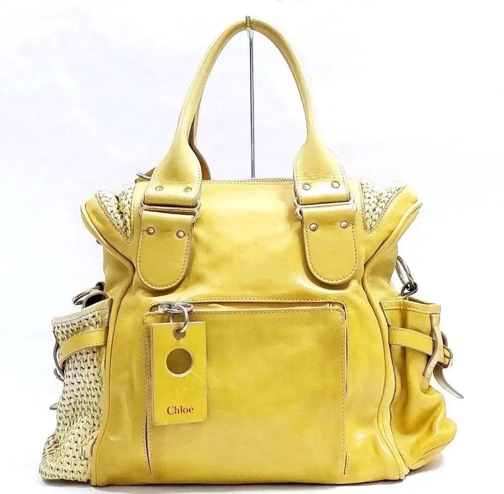 Chloé Yellow Leather and Woven Straw Detail Satchel Tote
